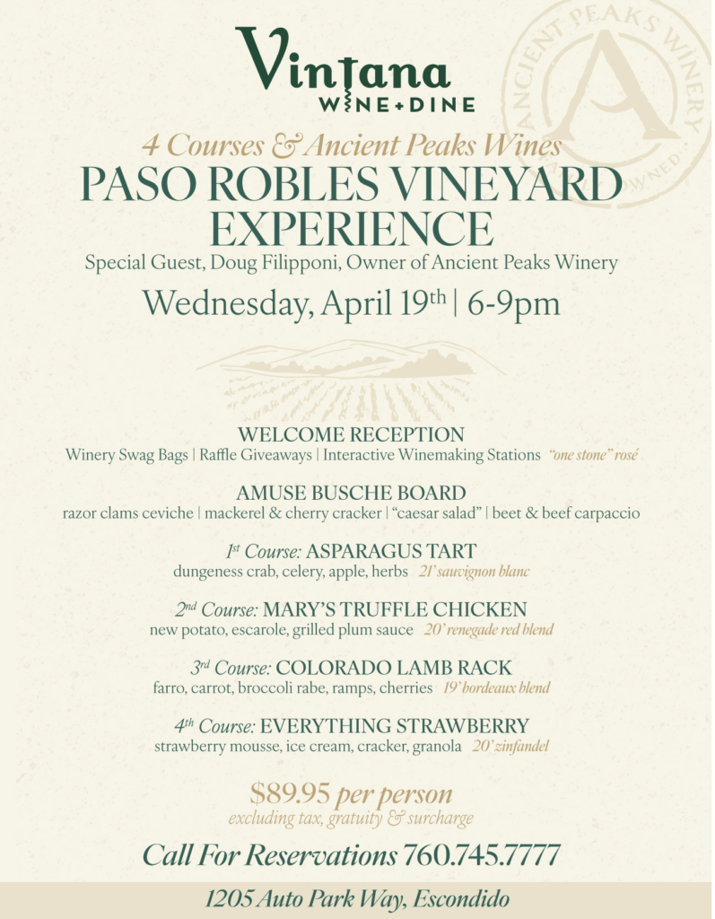wine dinner menu for Ancient Peaks Winery and Vintana Wine and Dine
